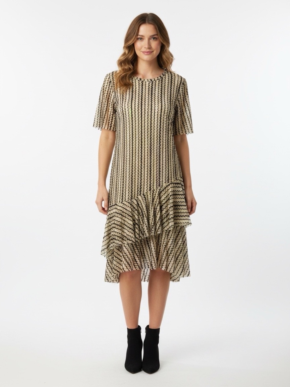 Zara Beige and Darker Striped Tiered Short-Sleeve Midi Dress